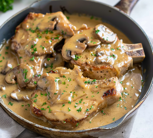 Pork chops with onion and mushroom gravy