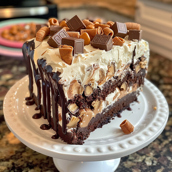 Easy Snickers Poke Cake