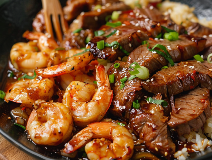 Surf and Turf Teriyaki Noodle Delight - Shrimp & Teriyaki Steak Fusion!