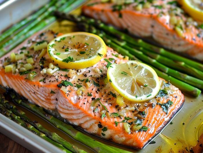 Baked Salmon with Asparagus, Lemon, Garlic and Butter Sauce