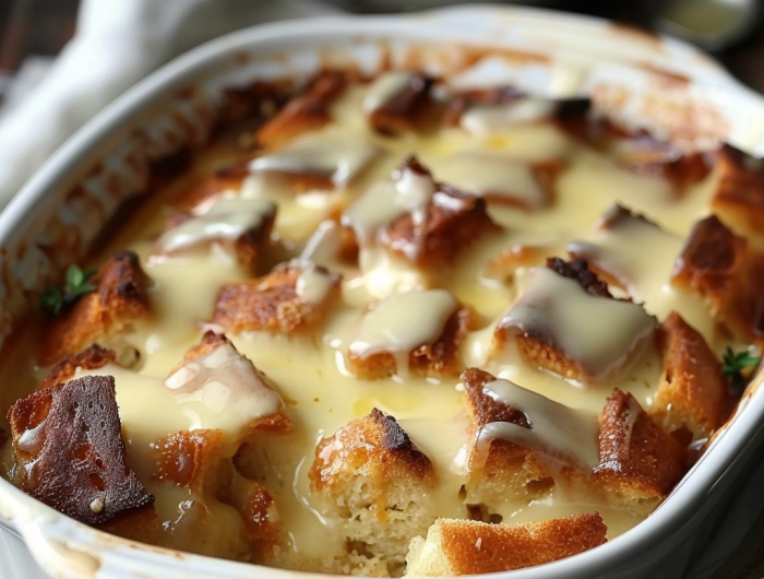 Bread Pudding in Casserole with Vanilla Sauce