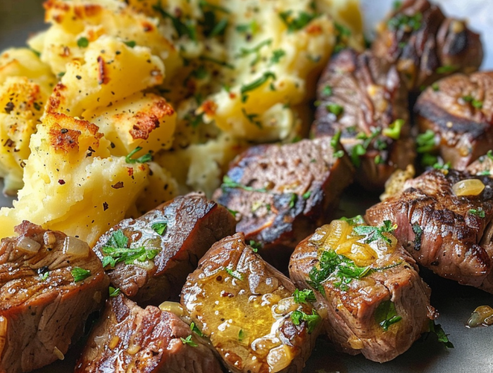 Garlic Butter Steak Bites and Cheesy Smashed Potatoes