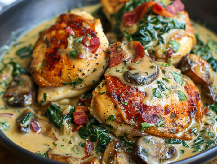 Smothered Chicken with Creamed Spinach Bacon And Mushrooms