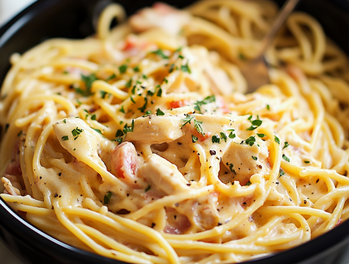 Easy Creamy Crockpot Chicken Spaghetti