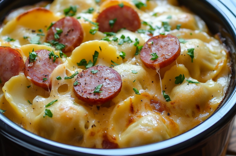 Easy Crockpot Pierogi Casserole with Kielbasa