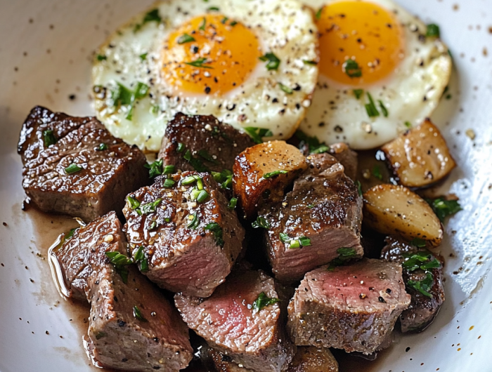 Easy Garlic Steak Bites and Eggs for Breakfast