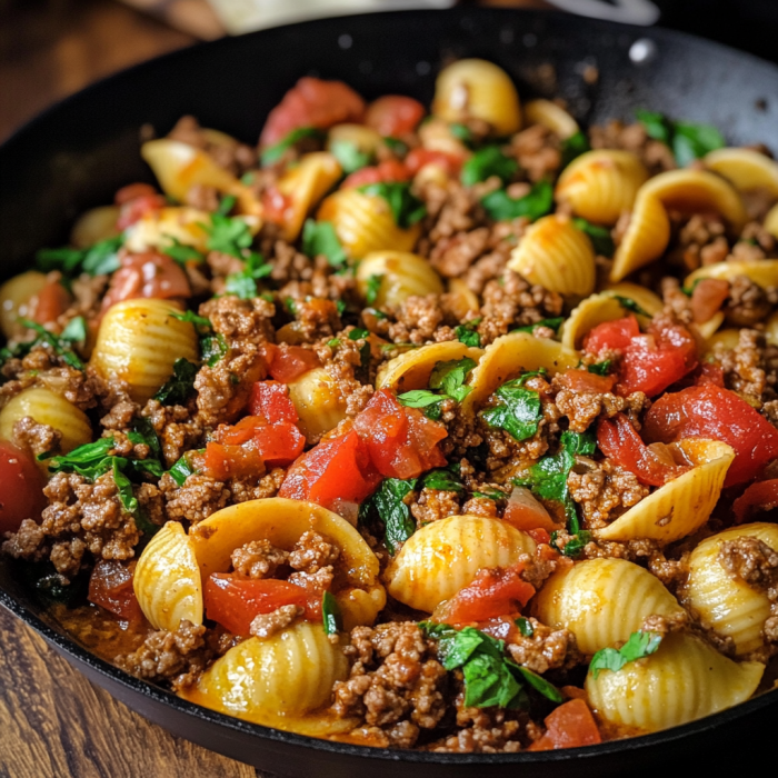 Easy Simple Ground Beef Shells Skillet