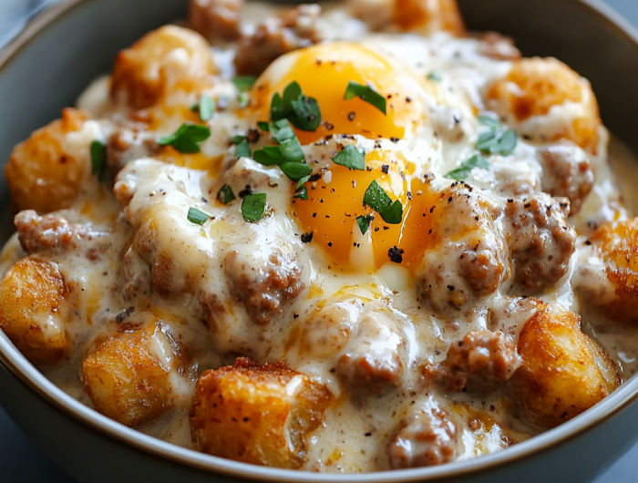 Easy Tater Tot Breakfast Bowl with Sausage Gravy