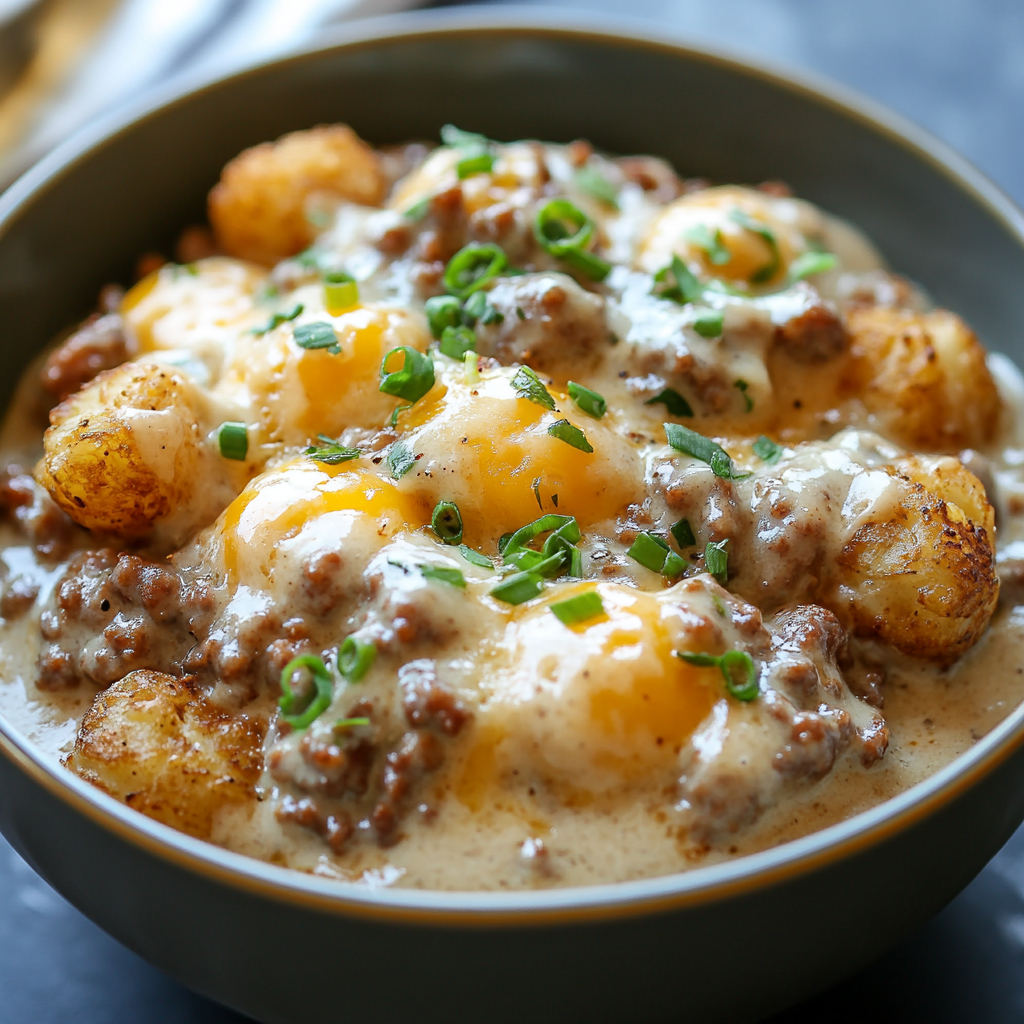 Easy Tater Tot Breakfast Bowl with Sausage Gravy