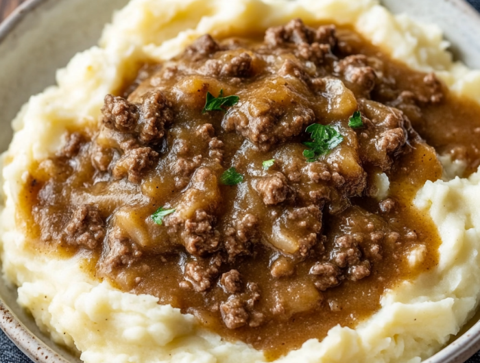 Ground Beef and Gravy Over Mashed Potatoes