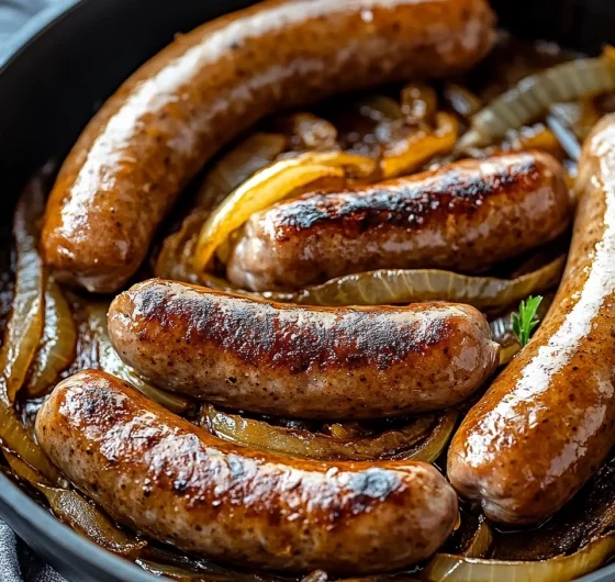 Easy Oven Braised Beer Brats with Caramelized Onions