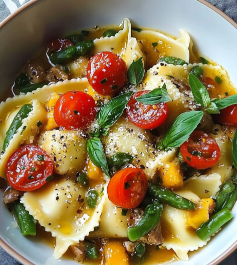 Easy Cheese Ravioli with Tomato, Asparagus, and Basil