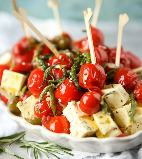 Easy Marinated Cheese And Olive Skewers