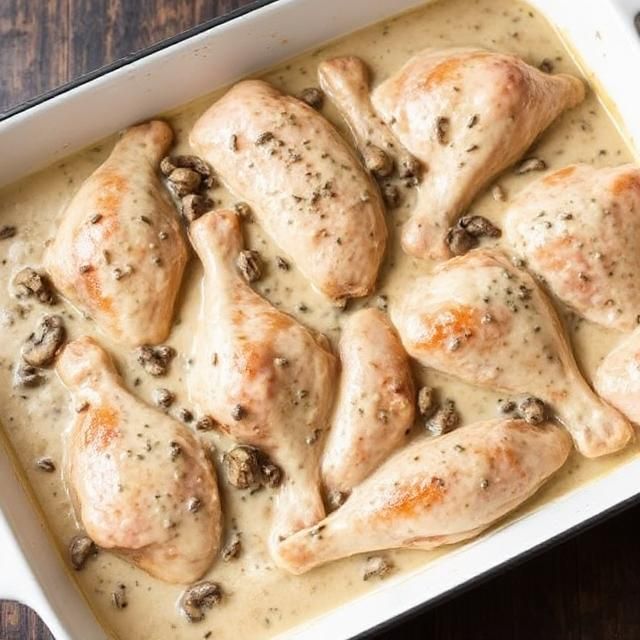 Easy Creamy Mushroom Baked Chicken Legs