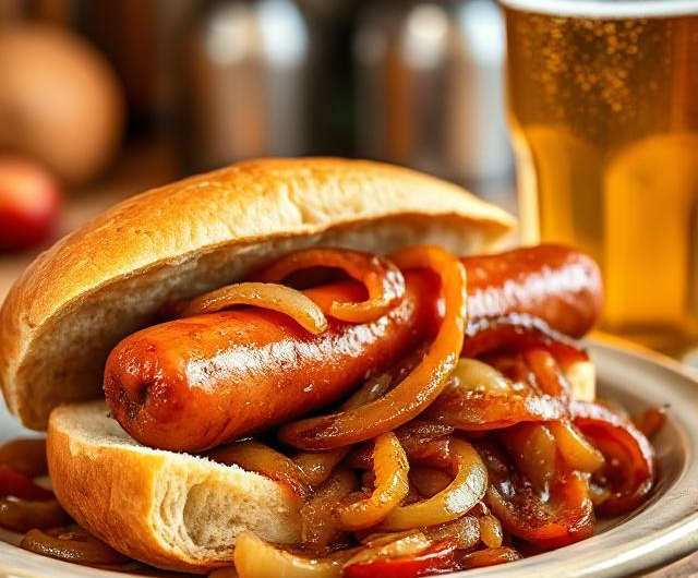 Easy Beer Bratwurst with Onions & Peppers