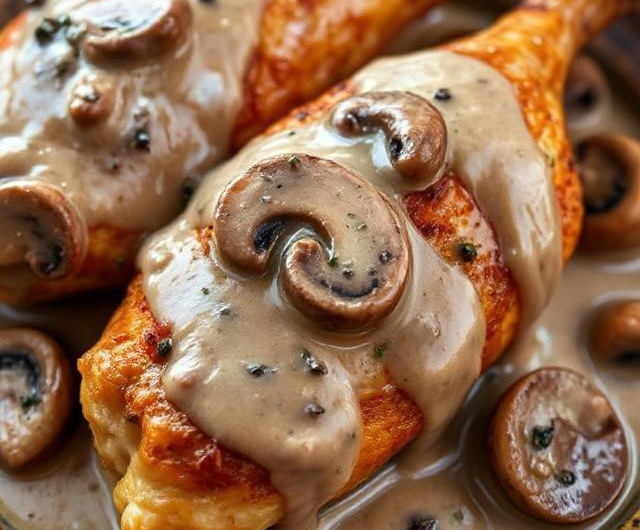 Easy Creamy Mushroom Baked Chicken Legs