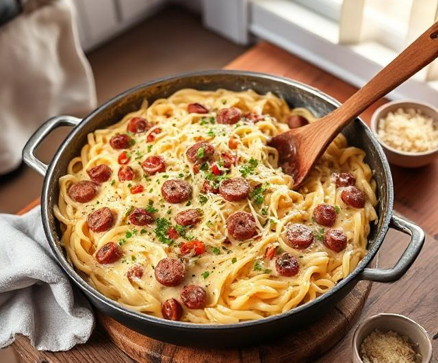 Easy One Pot Cheesy Smoked Sausage Pasta