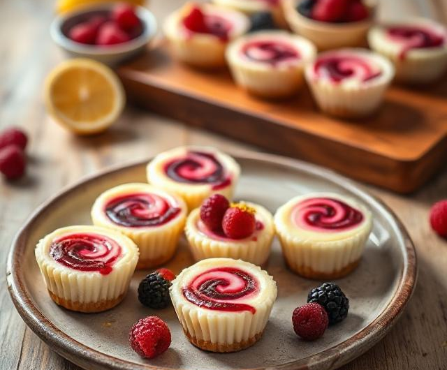 Easy Lemon Mini Cheesecakes with Berry Swirl