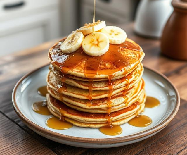 Easy Tahini Banana Pancakes with Maple Drizzle