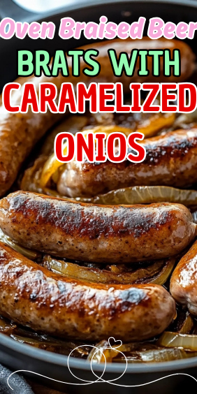 Easy Oven Braised Beer Brats with Caramelized Onions