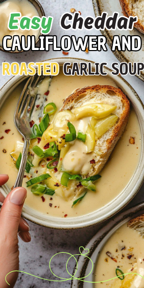 Easy Cheddar Cauliflower and Roasted Garlic Soup