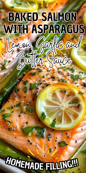 Baked Salmon with Asparagus, Lemon, Garlic and Butter Sauce