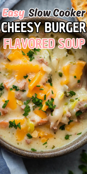 Easy Slow Cooker Cheesy Burger Flavored Soup