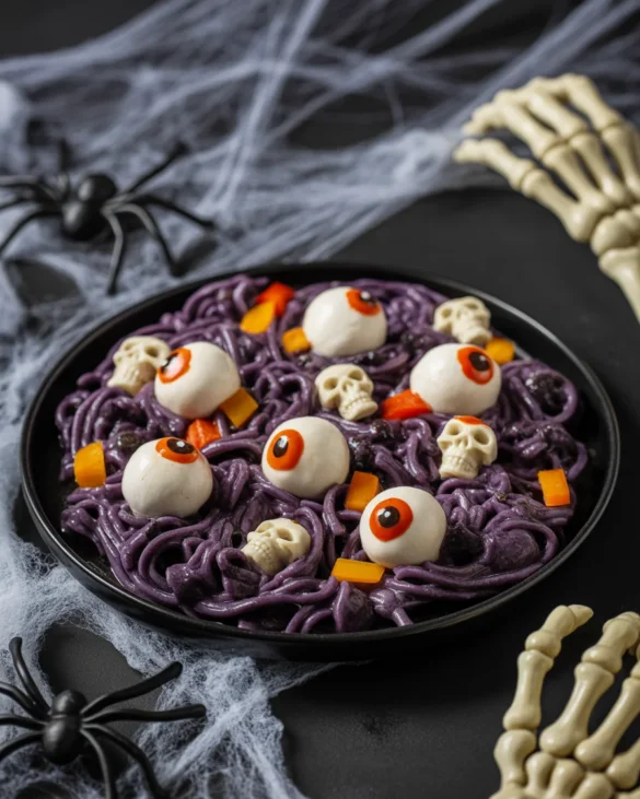 Spooky Halloween Eyeball Pasta Salad with mozzarella eyeballs and vibrant veggies.