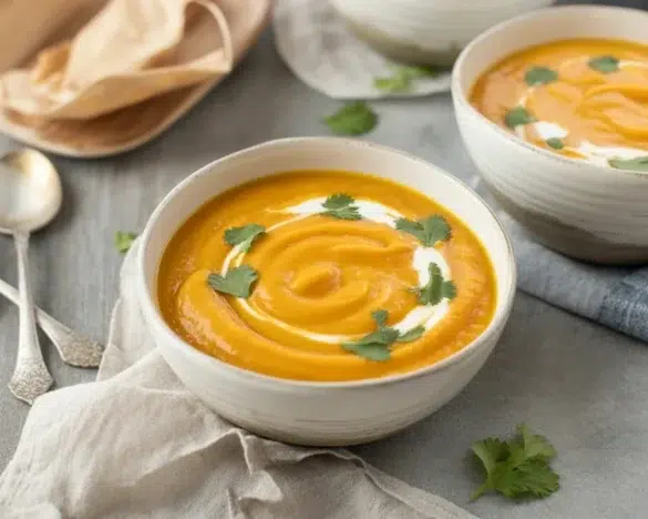 Creamy pumpkin and sweet potato soup served in a bowl with autumn spices on top.