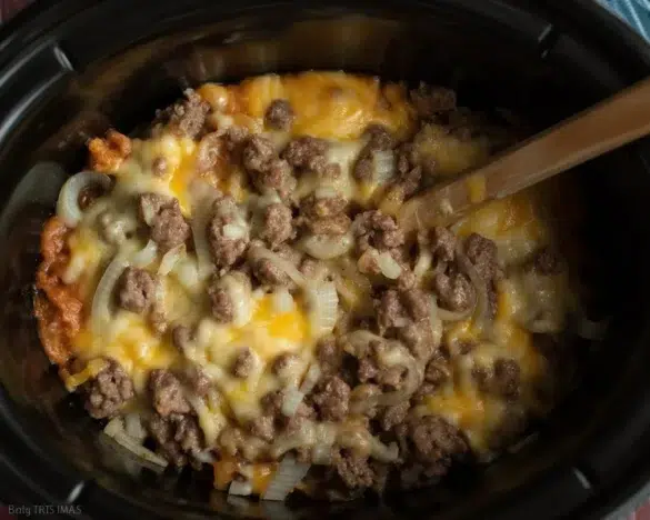 Crockpot Hamburger Potato Casserole with ground beef, potatoes, and cheese