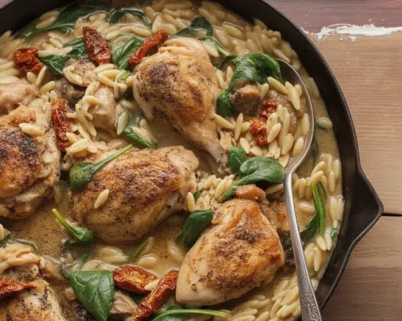 One Pot Chicken and Orzo Skillet with tomatoes and garlic cooked in one pan