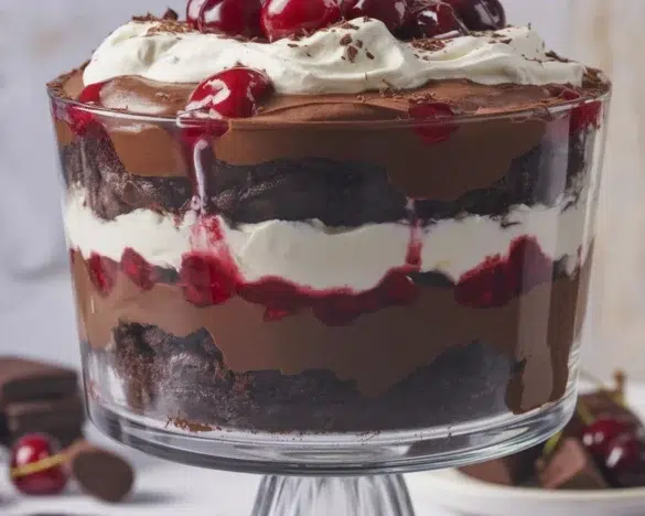 Decadent Black Forest Trifle for Christmas with chocolate and cherry layers.