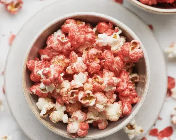 Bloody Red Velvet Popcorn, a sweet and spooky Halloween treat, drizzled with chocolate.