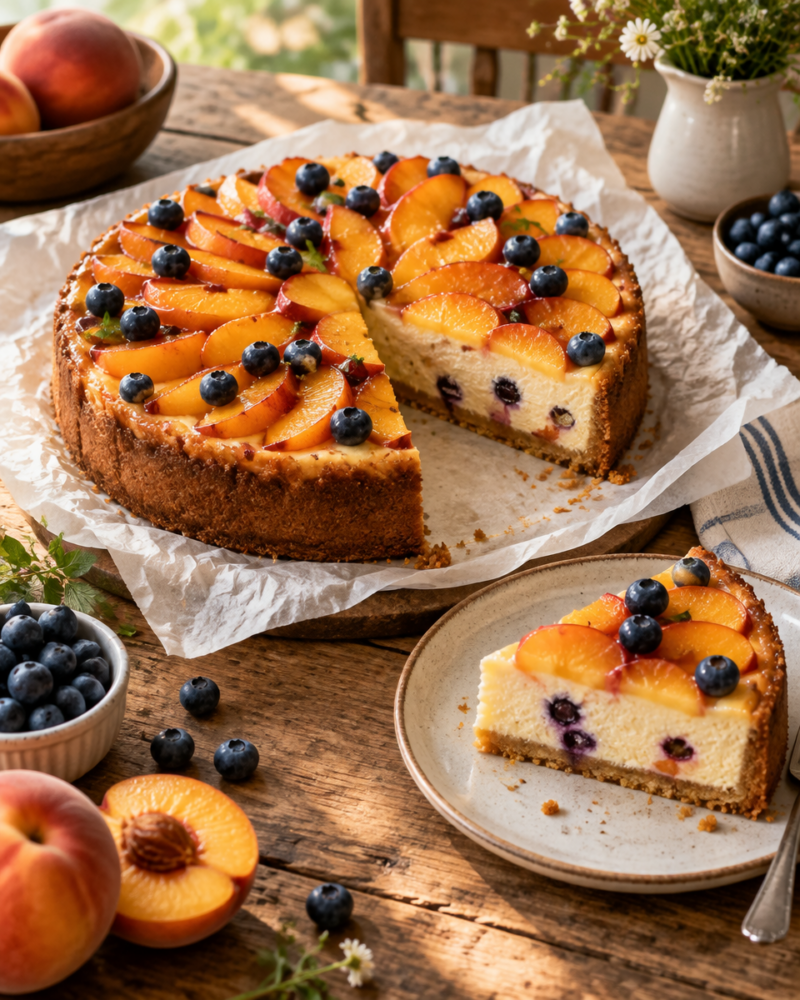Easy Cottage Cheese Cake — Peach Blueberry