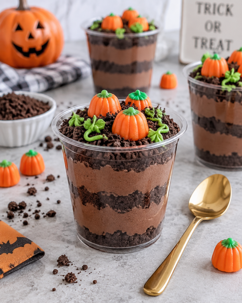 Easy Dirt Cups Recipe — Halloween Pumpkin Patch
