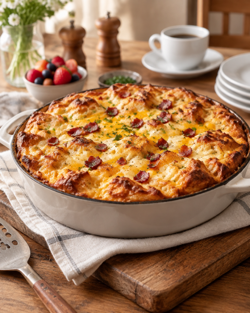 Easy Breakfast Strata Recipe — Cheese and Bacon