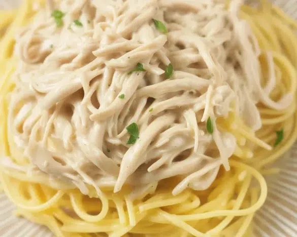 Creamy Crockpot Angel Chicken served over angel hair pasta in a bowl.