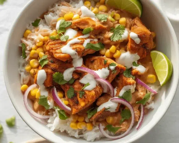 Delicious Street Corn Chicken Rice Bowl with seasoned chicken, grilled corn, and fresh toppings.