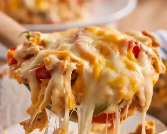 Delicious Fajita Chicken Casserole with chicken, peppers, and cheese in a creamy sauce.