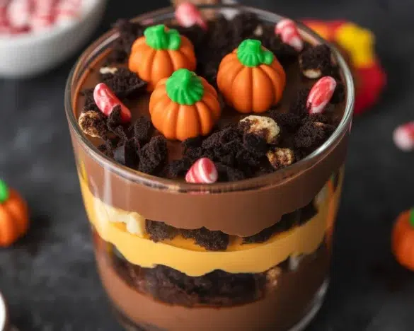 Pumpkin Patch Dirt Cups with layers of chocolate pudding and crushed Oreos for fall dessert.