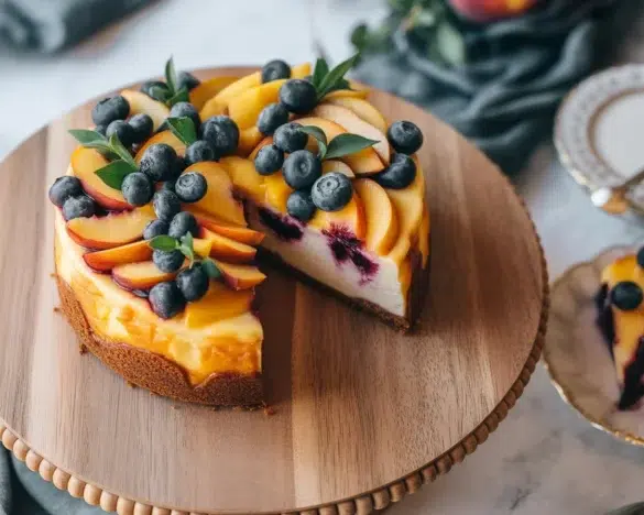Delicious Peach Blueberry Cottage Cheese Cake topped with fresh fruits and a creamy layer.