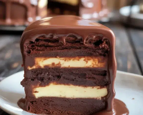 Old-Fashioned Swiss Chocolate Cake with creamy frosting and cocoa layers