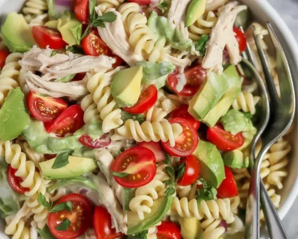 Creamy Chicken Avocado Pasta Salad with fresh vegetables and dressing