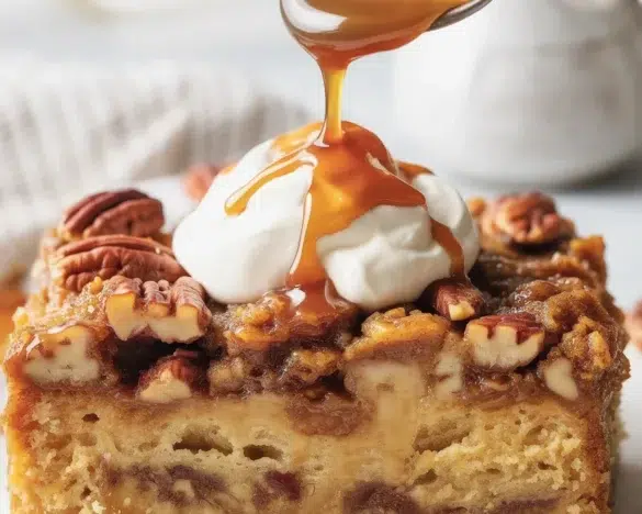 Delicious Pecan Pie Dump Cake with gooey pecan filling and buttery cake topping