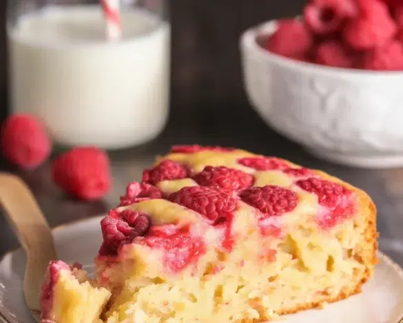 Protein Raspberry Lemon Cake with fresh raspberries and lemon zest