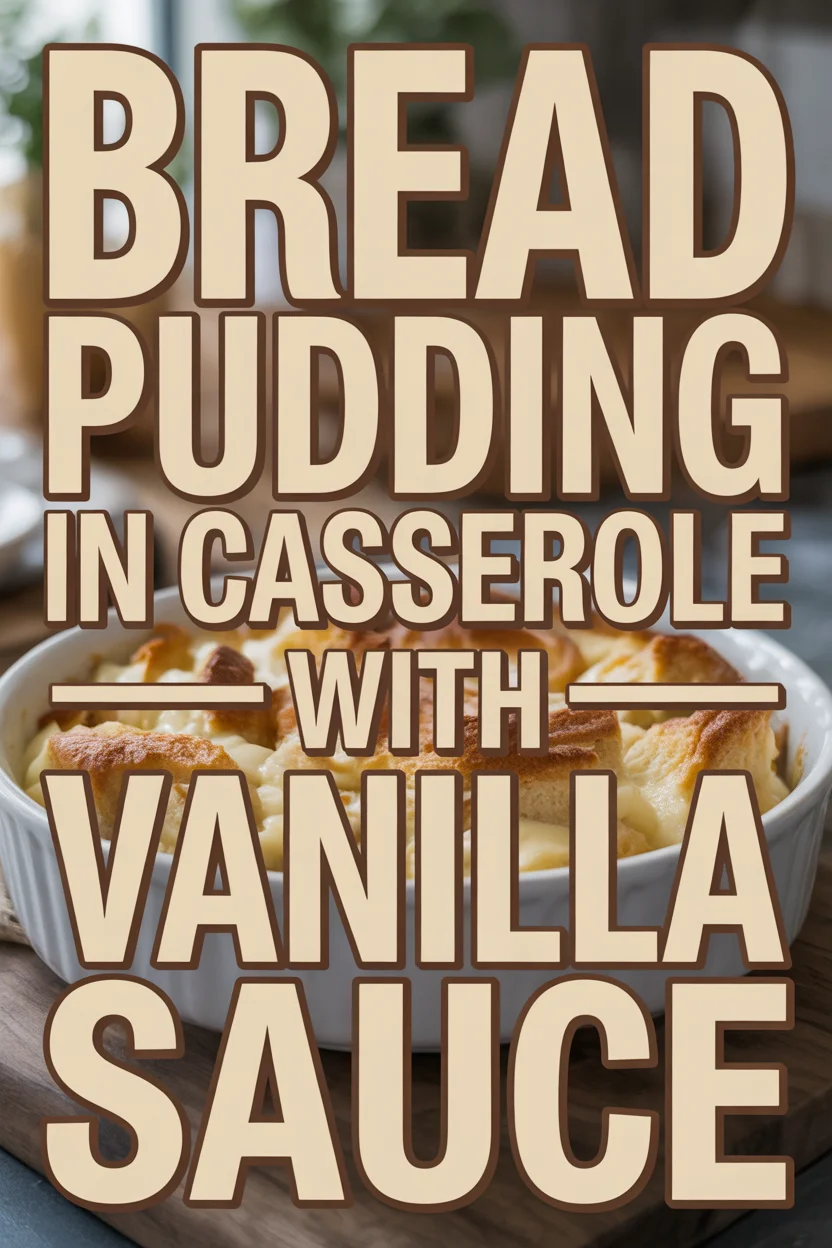 Bread Pudding in Casserole with Vanilla Sauce