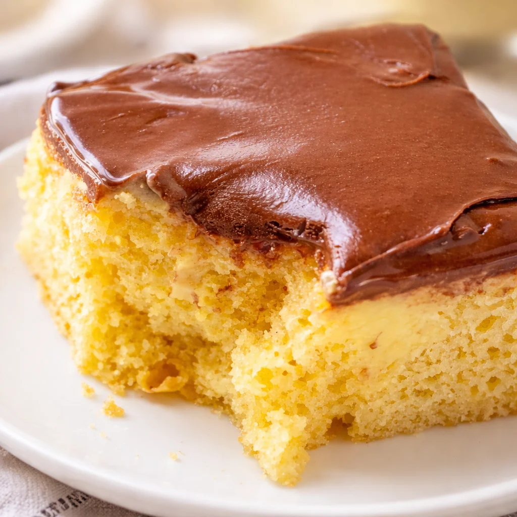 Delicious Boston Cream Poke Cake with creamy filling and chocolate ganache topping.