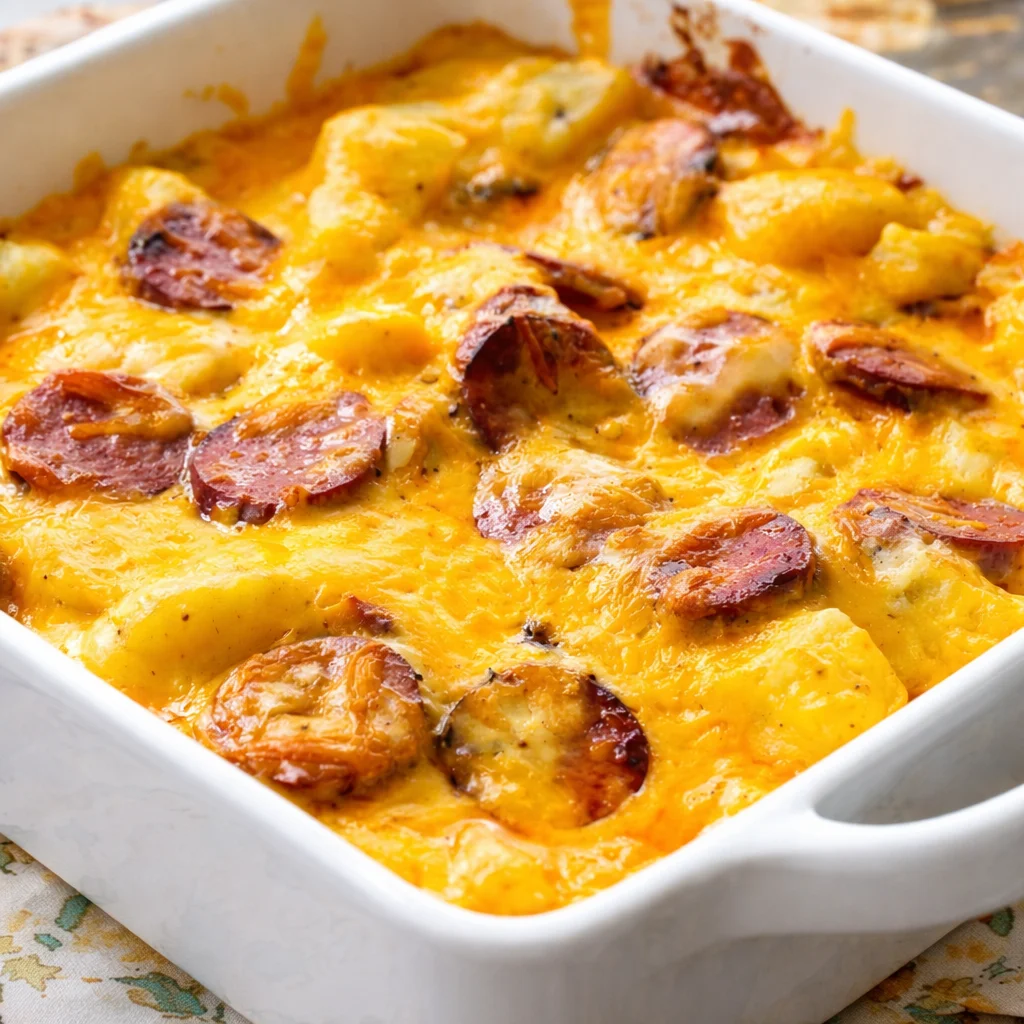 Cheesy Ranch Potatoes and Smoked Sausage recipe with creamy cheese and crispy potatoes.