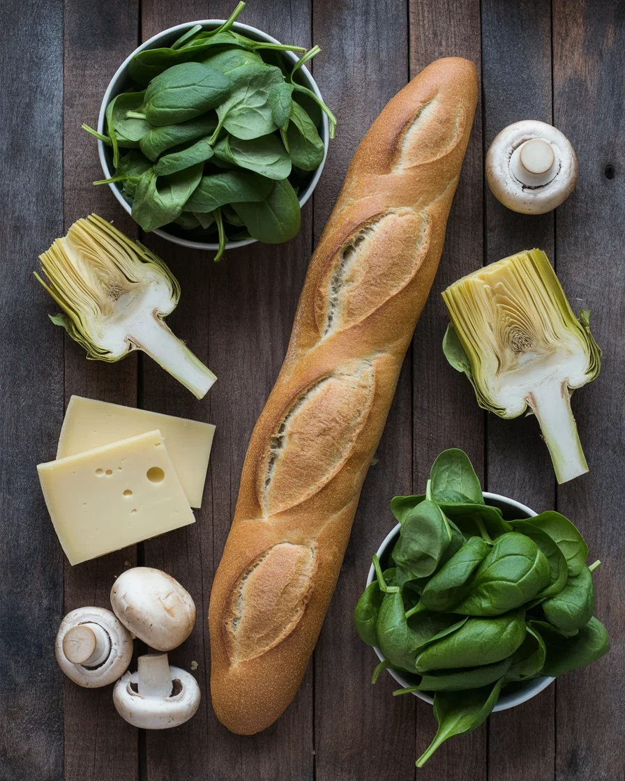 Cheesy Spinach Artichoke & Mushroom Stuffed Baguette