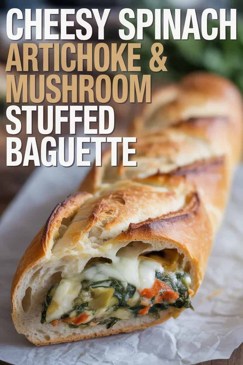 Cheesy Spinach Artichoke & Mushroom Stuffed Baguette